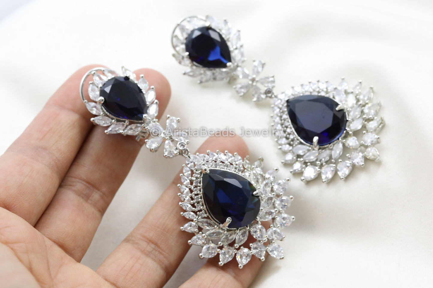 Large Sapphire CZ Earring in Silver Finish