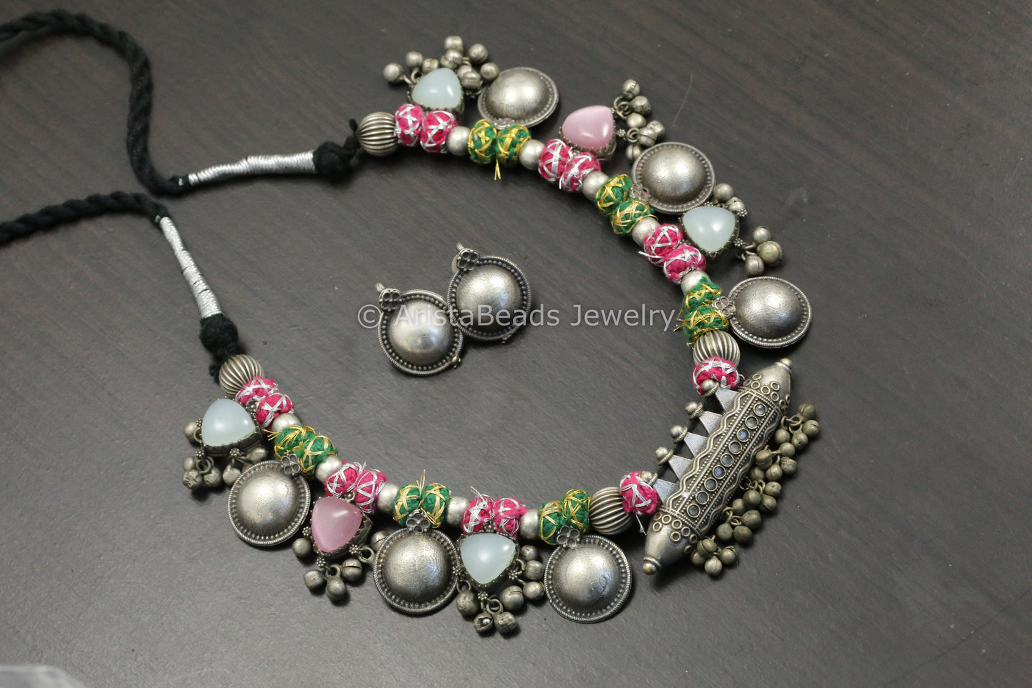 Amrapali Silver Look Alike  Tabeez Necklace Set  - Pink Green