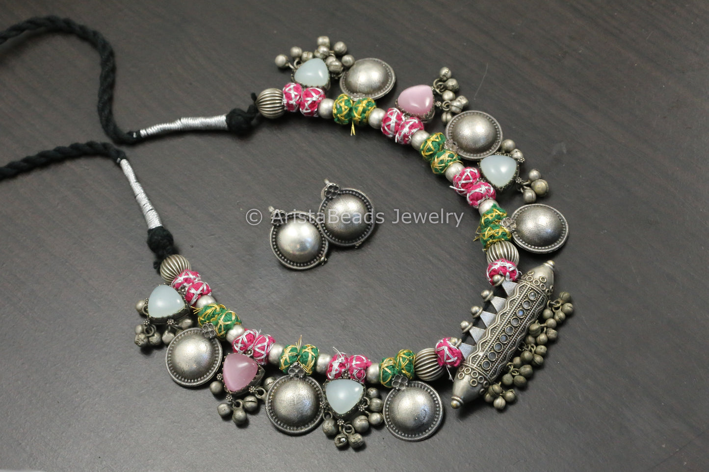 Amrapali Silver Look Alike  Tabeez Necklace Set  - Pink Green